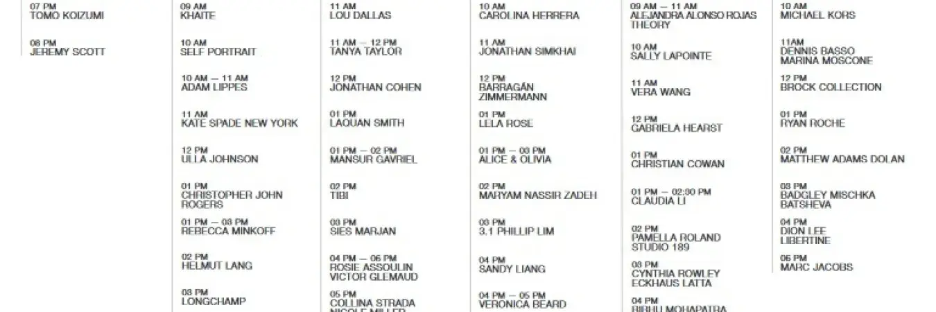 New York fashion week schedule