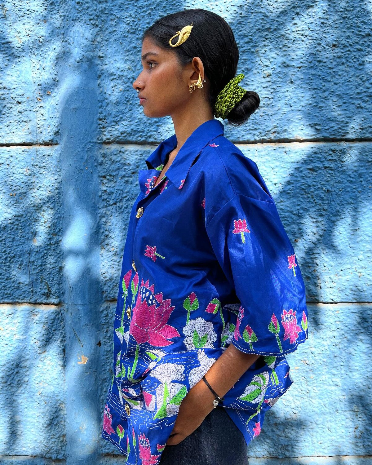 S/S 2027 editorial — blue floral print shirt