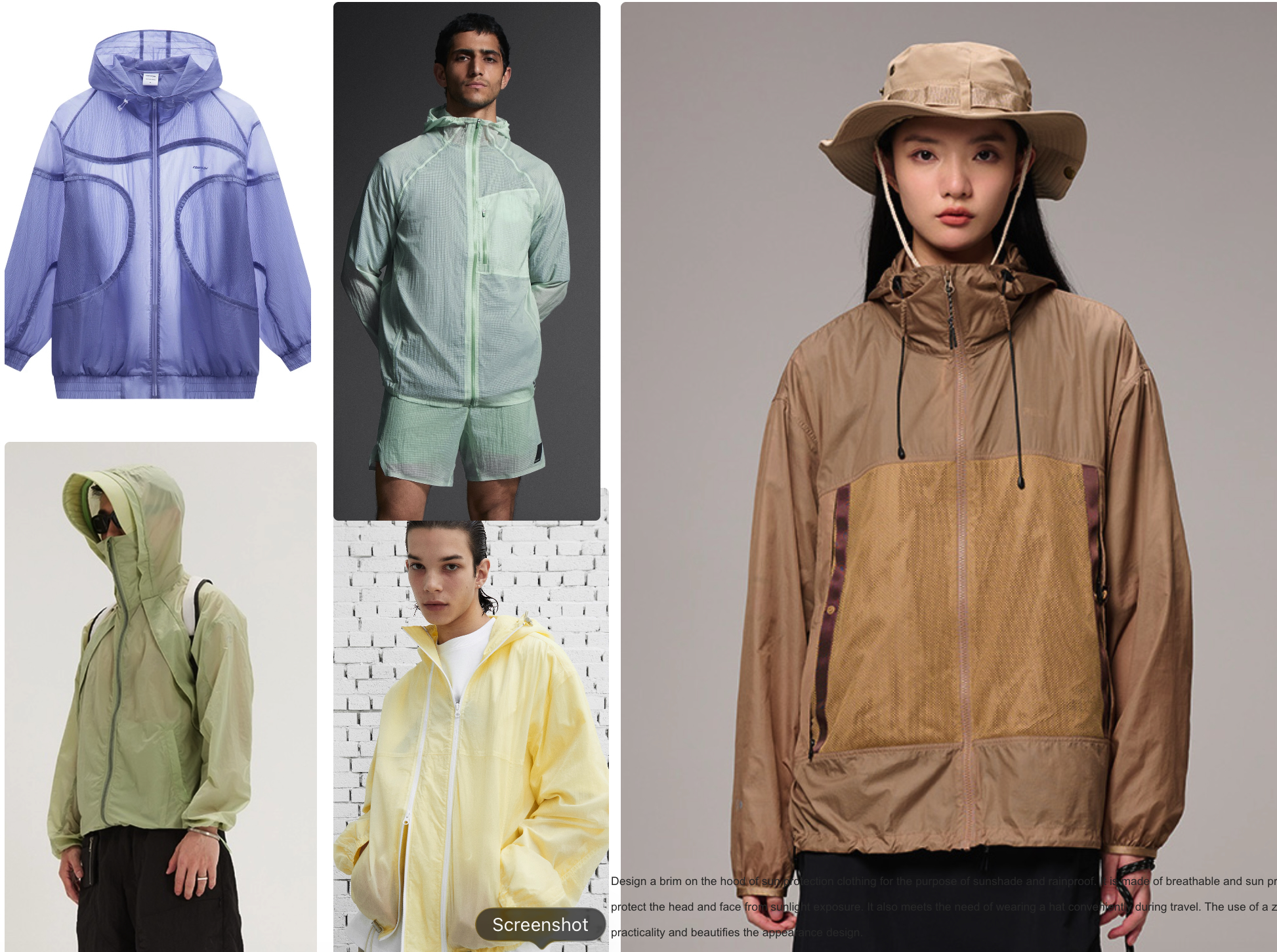 Technical outerwear trend moodboard — lightweight jackets across pastel and earth tones